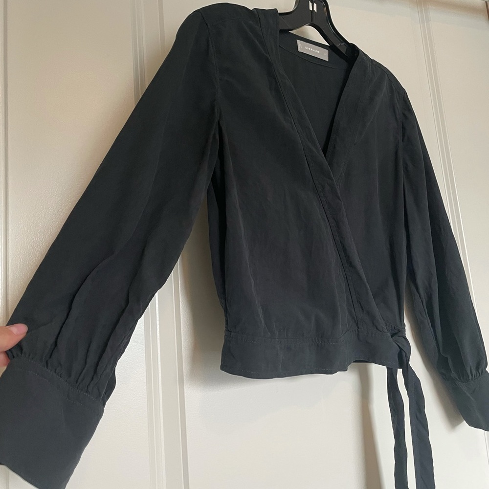 Everlane Washable Silk Wrap Top - Black 100% Silk Blouse